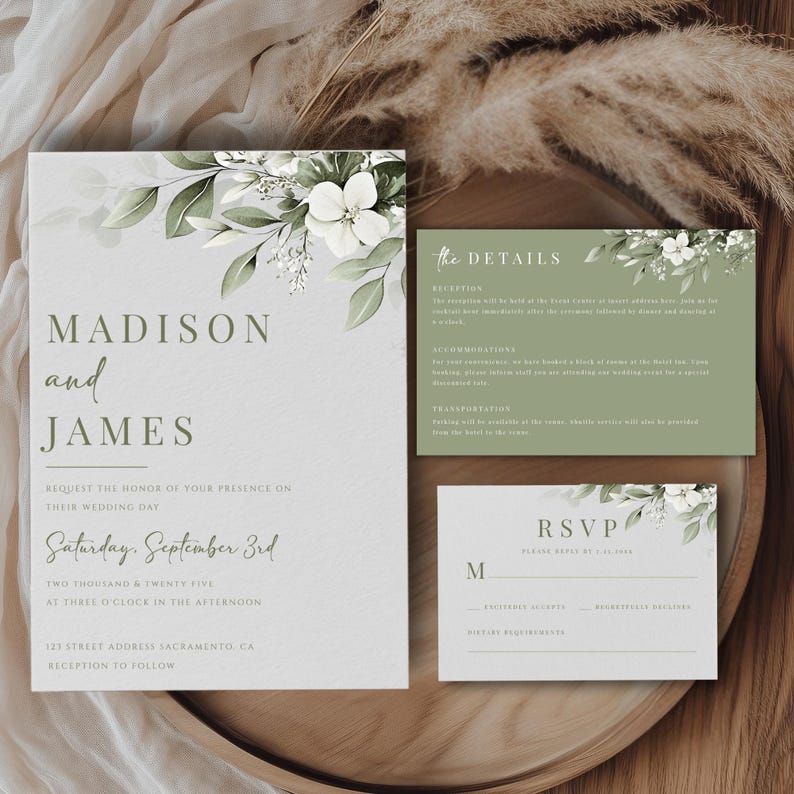 Sage Green Floral Wedding Invitation, Editable Template, Printable ...