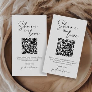 Tarjeta QR Share the Love, plantilla para compartir fotos de bodas, libro de visitas digital, álbum personalizable para invitados