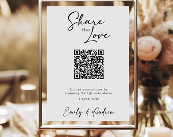 Deel de QR-kaart voor liefde, afdrukbaar bord met trouwfoto, sjabloon voor directe download voor gastfoto's en herinneringen
