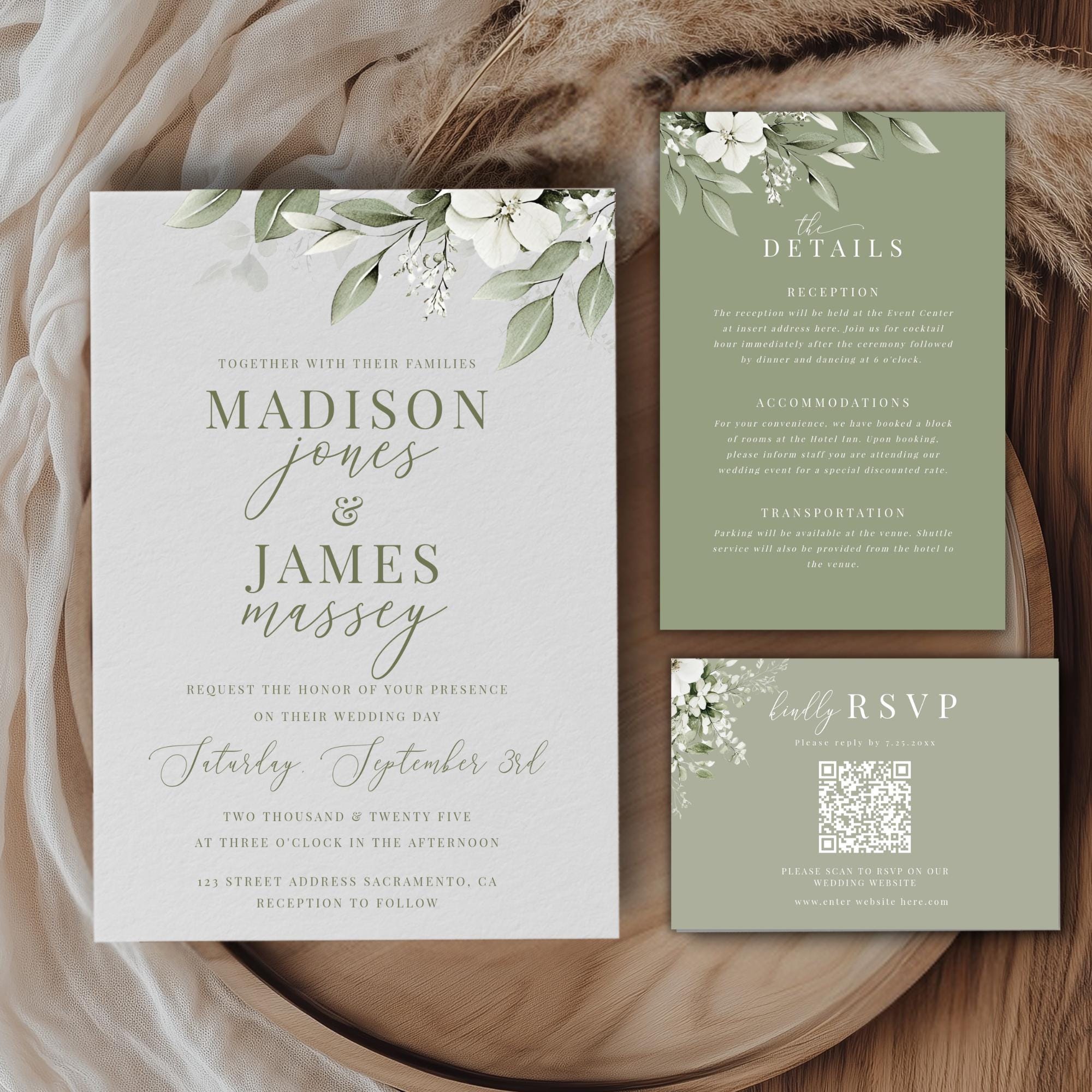 Sage Green Floral Wedding Invitation, Editable Template, Printable ...