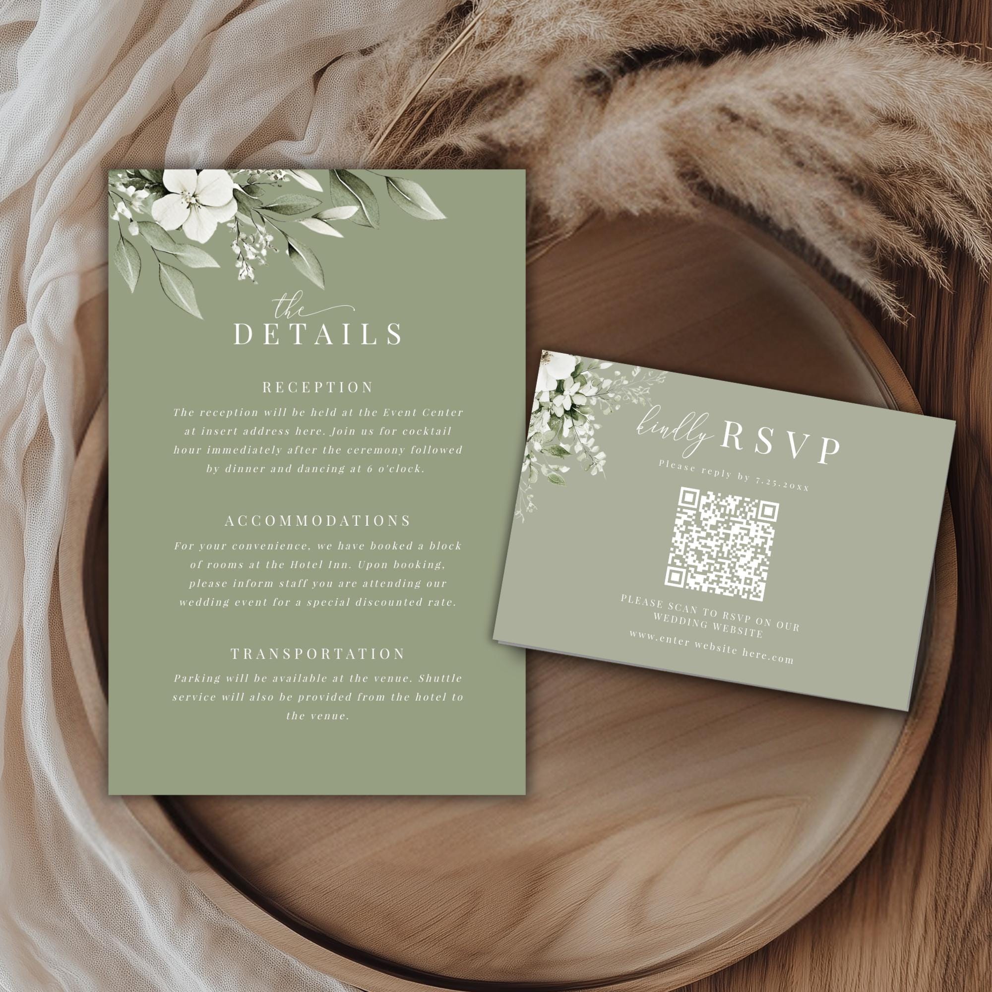 Sage Green Floral Wedding Invitation, Editable Template, Printable ...