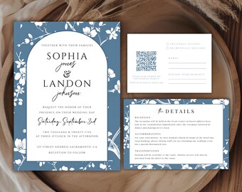 Puede incluir: Una invitación de boda azul y blanca con diseños florales. La invitación incluye los nombres Sophia Jones y Landon Johnson, la fecha sábado 3 de septiembre y la hora 3:00 PM. La invitación también incluye la dirección 123 Street Address Sacramento, CA y el texto Recepción a seguir.