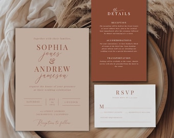 Terracotta Wedding Invitations, Boho Editable Template, Digital RSVP Card, Printable Wedding Invite Suite Rust A103