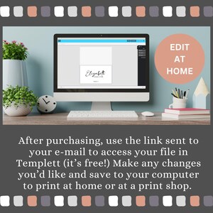 May include: A computer screen displaying a digital template for a wedding place card with the text "Elizabeth Hamilton" in a handwritten font. The screen is on a desk with a white mouse, a clock, and a pencil holder with pencils. The text "EDIT AT HOME" is in a pink circle on the right side of the image.