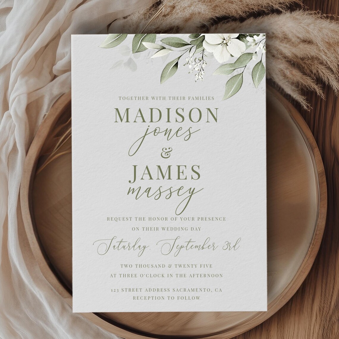 Sage Green Floral Wedding Invitation, Editable Template, Printable ...