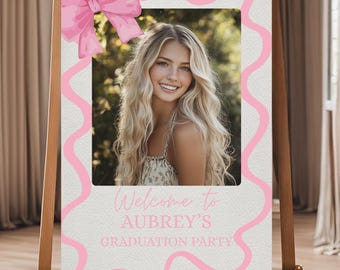 Pink Bow Graduation Welcome Sign, Editable Template for Grad Party, Digital Download, Coquette Aesthetic Decor