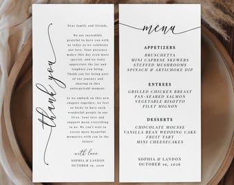 May include: Elegant wedding menu and thank you card set. The cards feature black script text on a white background. The menu lists appetizers, entrees, and desserts. The thank you card includes a heartfelt message.