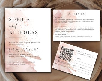 Dusty Pink Rose Wedding Suite, Blush Pink Wedding invitation, Printable Invitation, Summer Wedding, RSVP with QR code