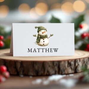 Tarjeta de nombre de Navidad, tarjeta de lugar de Navidad, plantilla de tarjeta de lugar de muñeco de nieve, tarjeta de lugar de vacaciones, tarjetas de nombre imprimibles, decoración de fiesta de Navidad