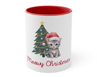 Meowy Christmas, dekorative Katzenakzent-Kaffeebecher, 11 Unzen, festlicher Weihnachtsbaum mit Lichtern, Kätzchen mit roter Weihnachtsmütze, frohe Feiertage