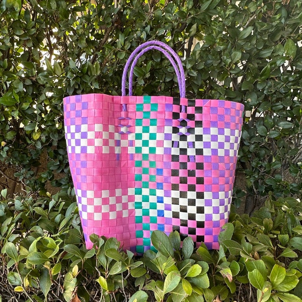 Multipurpose Eco Friendly Colorful Tote, Handmade Ethically Sourced from Uganda, Beach Bag Unique Woven from Recycled Plastic, Neon Pink