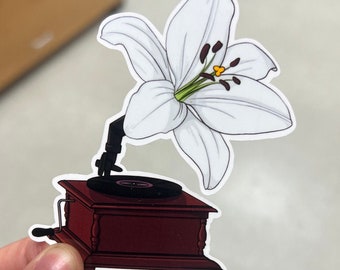 Flower Phonograph - Laminated Vinyl Sticker - Hand Made - Hand Drawn
