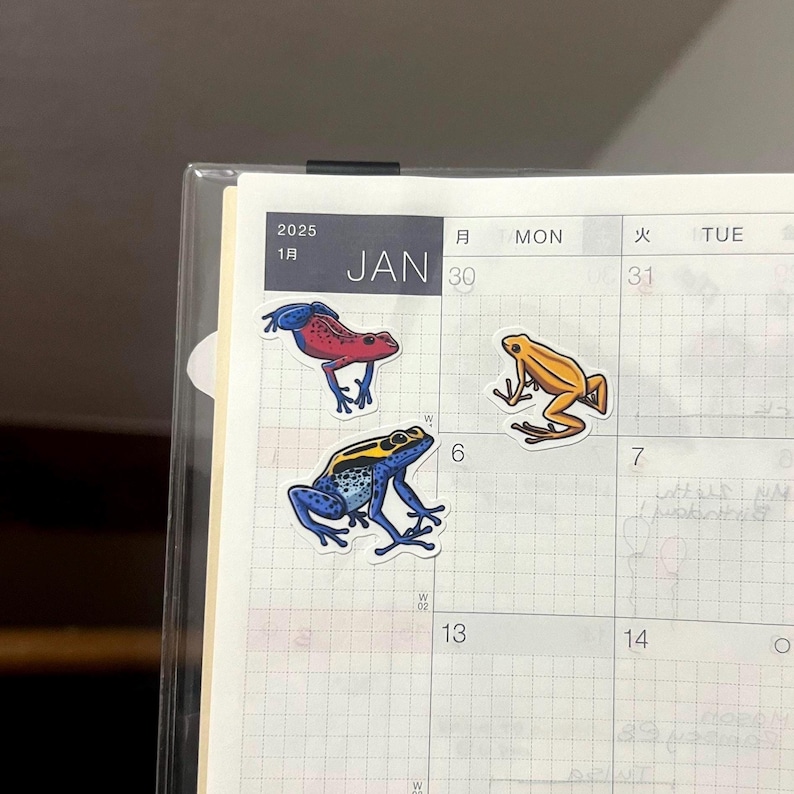 May include: Three frog stickers on a calendar page. The frogs are blue and yellow, red and black, and yellow. The calendar page is for January 2025.