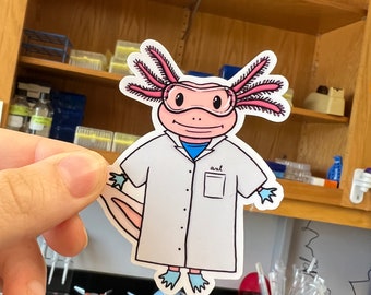 科学者アホロートル - ラミネートビニールステッカー - ハンドメイド - 手描き