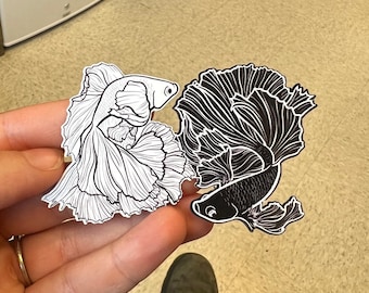 Yin and Yang Betta Fish - Laminated Vinyl Sticker - Hand Made - Hand Drawn