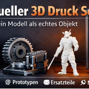 Peut inclure: Publicité pour un service d'impression 3D. L'image présente un casque métallique d'Iron Man, un engrenage, une figurine et une imprimante 3D. Le texte comprend "Individueller 3D Druck Service" et "Dein Modell als echtes Objekt". Icônes et texte pour prototypes et cosplay.