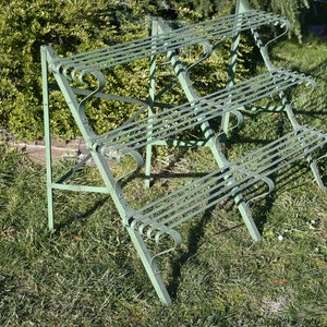 Vintage Foldable Plant Stand - Arras Style - Wrought Iron - Light Green