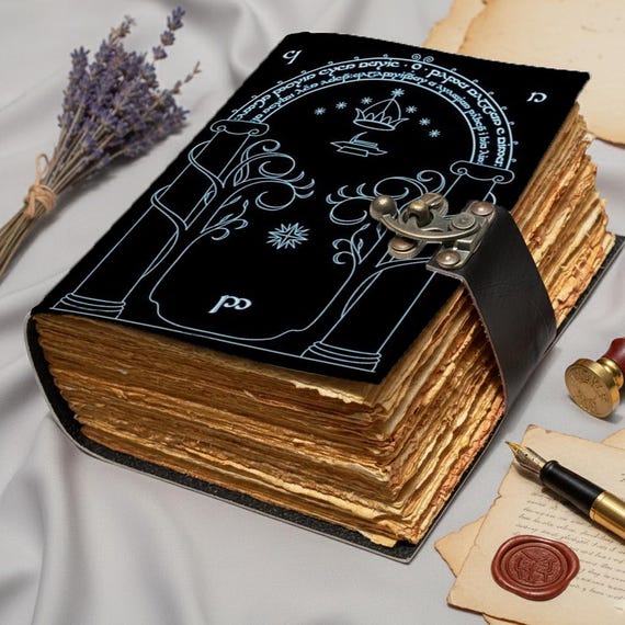 Doors of Durin Leather Journal with Lock | Elvish Moon Gate Notebook | Handmade Fantasy Grimoire | Vintage Deckle Edge Paper