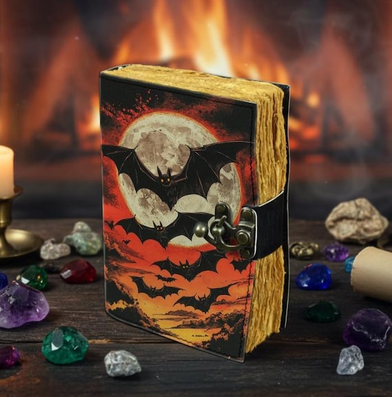 Bat Leather Journal – Gothic Spell Book with Full Moon & Vampire Bats | Handmade Deckle-Page Notebook | Halloween Witchy Diary Gift