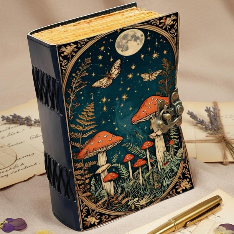 leather journal, journal with lock, vintage journal, spell book, grimoire journal, book of shadows, witch journal, mushroom journal, deckle edge paper, diary notebook, gift for her, gift for writer, handmade journal