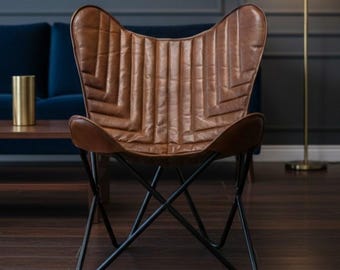Handgemaakte volnerf lederen vlinderstoel vintage bruin BKF fauteuil boho rustieke accent stoel, woonkamer slaapkamer kantoor woondecoratie
