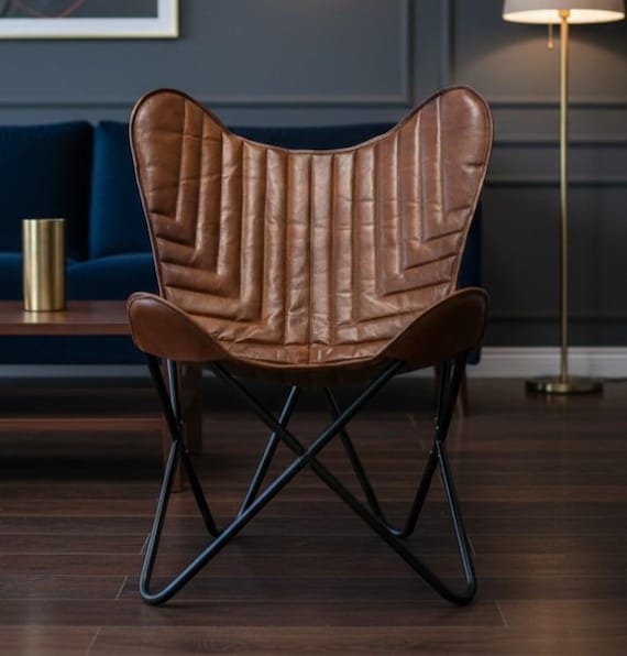 Handmade Full Grain Leather Butterfly Chair Vintage Brown BKF Lounge Chair Boho Rustic Accent Chair, Living Room Bedroom Office Home Decor