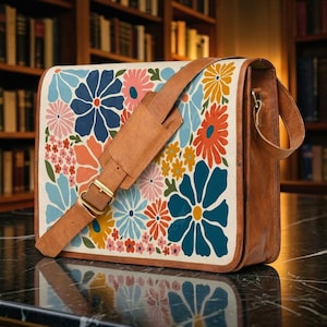Op de afbeelding: Bruine leren messenger bag met een bloemenpatroon. De tas heeft een crèmekleurige flap versierd met kleurrijke bloemen in tinten blauw, oranje, roze en geel. Het heeft een bruine leren schouderriem met een goudkleurige gesp.
