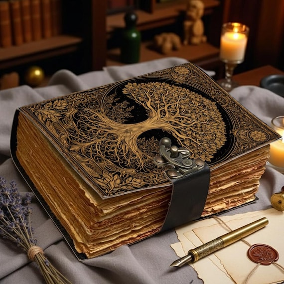 Tree of Life Journal with Lock | Vintage Aged Paper Notebook | Leather Grimoire Book of Shadows | Handmade Antique Diary | Spiritual Gift