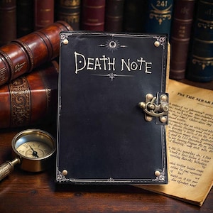以下が含まれることがあります： 黒革のノートで、白文字で「DEATH NOTE」と書かれています。金属製の留め金と装飾的なコーナーのスタッドが付いています。虫眼鏡とアンティークの本が背景にあります。