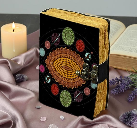 Handmade leatherJournal with Lock – Handmade Spiritual Astrology Diary – Vintage Black Leather Notebook – Deckle Edge Paper – gift for her