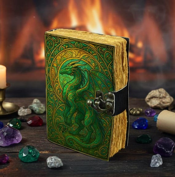 Green Dragon Leather Journal – Handmade Spellbook with Lock,  Vintage Deckle Paper, Medieval Gothic Notebook, Dragon Lover Gift