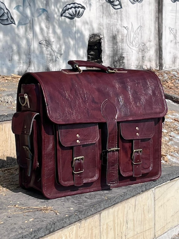 Handmade Black Leather Briefcase | Vintage Messenger Bag for Men & Women | Laptop Satchel with Dual Front Pockets | Business Work Bag