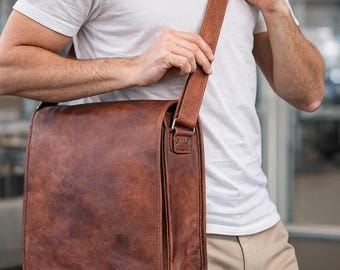 Leather Messenger Bag for Men, Full Grain Laptop Satchel, Vintage Crossbody Work Bag, Handmade Brown Shoulder Bag