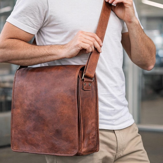 Leather Messenger Bag Full Flap – Vintage Crossbody Laptop Bag for Men – Office Work Bag – Shoulder Bag Gift for Him