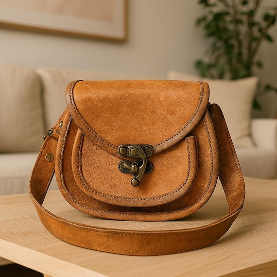 Vintage Tan Leather Crossbody Bag – Handmade Saddle Bag for Women | Small Shoulder Bag with Rustic Brass Lock | Genuine Leather Gift