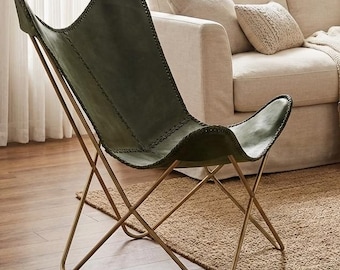 Leren vlinderstoel met metalen frame – moderne fauteuil met accent | Premium groene leren vlinderstoel