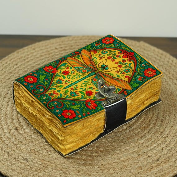 Handmade Dragonfly Leather Journal, Vintage Floral Deckle Edge Paper