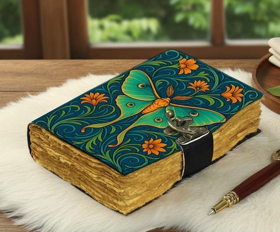 Luna Moth Leather Journal – Handmade Teal Floral Diary, Boho Sketchbook, Mystical Nature Grimoire, Unique Gift for Women & Men
