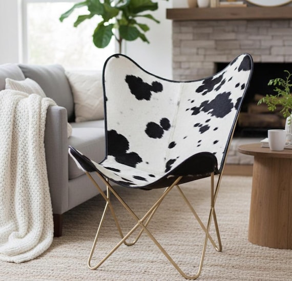 Hair-On Leather Butterfly Chair | Handmade Butterfly Chair | Modern Rustic Accent Chair | Sling Lounge Chair for Living Room
