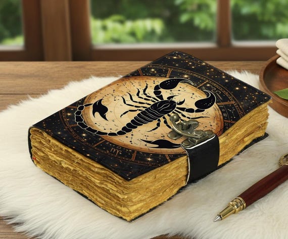 Scorpio Zodiac Leather Journal – Astrology Notebook with Deckle Pages | Handmade Scorpio Diary for Witches, Shadow Work | Horoscope Gift