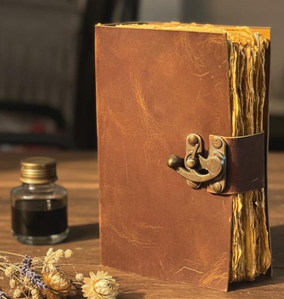 Soft Leather Journal – Handmade Brown Leather Notebook with Lock – Vintage Deckle Edge Paper Diary – Personalized Writing Journal Gift