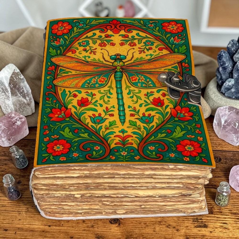 Dragonfly Leather Journal with Lock, Floral Vintage Deckle Edge Notebook, Boho Nature Diary, Handmade Writing Journal, Gift for Her