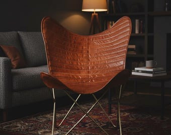 Leren vlinderstoel bruin, fauteuil uit het midden van de eeuw, boho-accentstoel, woonkamerstoelen, handgemaakte leren slingstoel