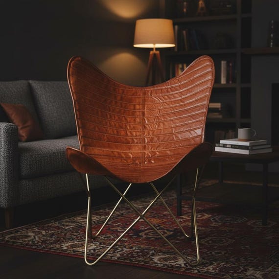 Handcrafted Brown Leather Butterfly Chair | Vintage Modern Lounge Chair | Boho Accent Chair for Living Room | Handmade Home Decor Furniture