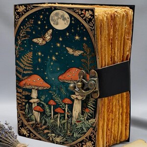 leather journal, journal with lock, vintage journal, spell book, grimoire journal, book of shadows, witch journal, mushroom journal, deckle edge paper, diary notebook, gift for her, gift for writer, handmade journal