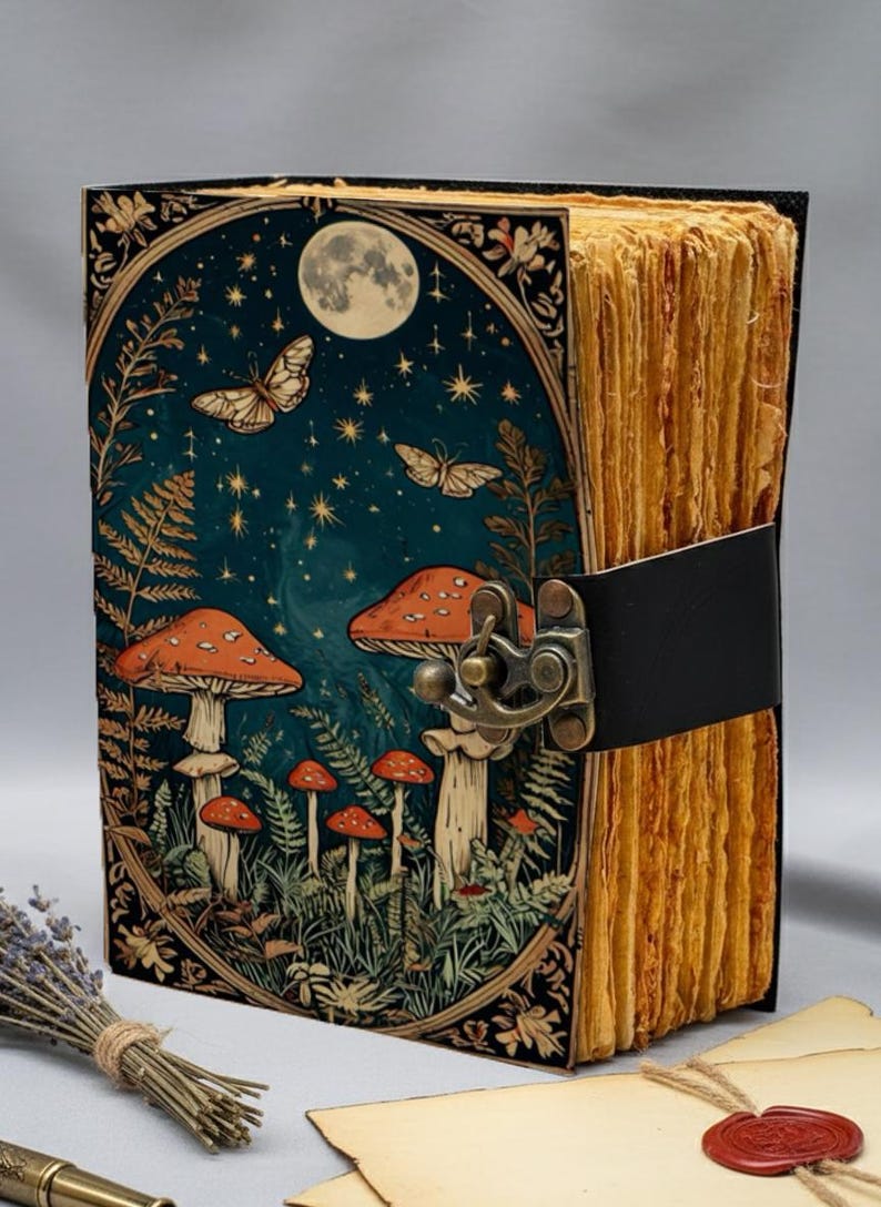 leather journal, journal with lock, vintage journal, spell book, grimoire journal, book of shadows, witch journal, mushroom journal, deckle edge paper, diary notebook, gift for her, gift for writer, handmade journal
