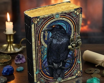 Dziennik ze skóry kruka z zamkiem, Księga Cieni z gotyckiego grimoire, Notatnik z Dark Academia, Księga zaklęć czarownictwa, Dziennik z zamkiem w stylu vintage