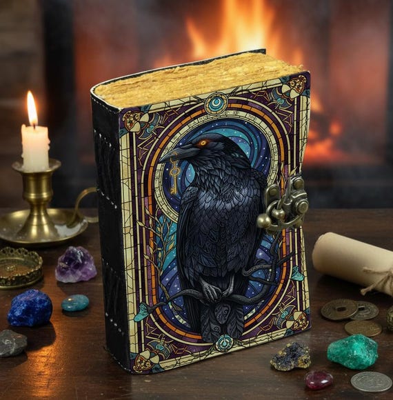 Raven Leather Journal with Lock – Gothic Crow Grimoire Notebook | Dark Academia Diary | Witchcraft Spell Book | Pagan Book of Shadows
