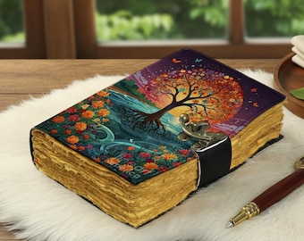 Diario de cuero Árbol de la Vida: diario de cuero hecho a mano con candado, diseño de naturaleza colorida, páginas vintage, regalo para hija, ella