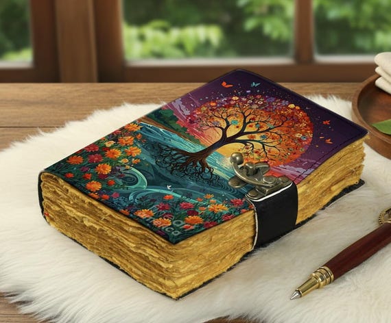 Tree of Life Leather Journal – Handmade leather Diary with Lock, Colorful Nature Design, Vintage Deckle Pages, Gift for Daughter, her